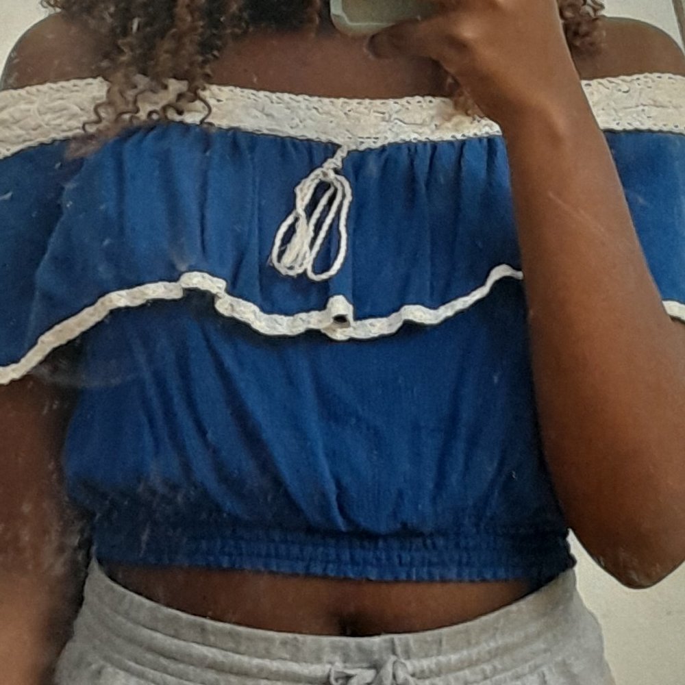 Flying Tomato medium blue off-shoulder crop top